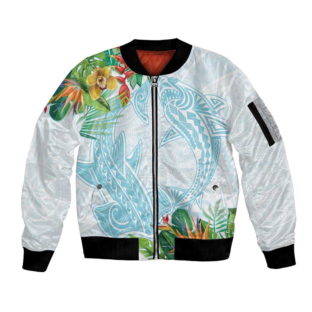 Polynesia Sleeve Zip Bomber Jacket Sharks Duo Tropical Turquoise LT7 Unisex Turquoise - Polynesian Pride