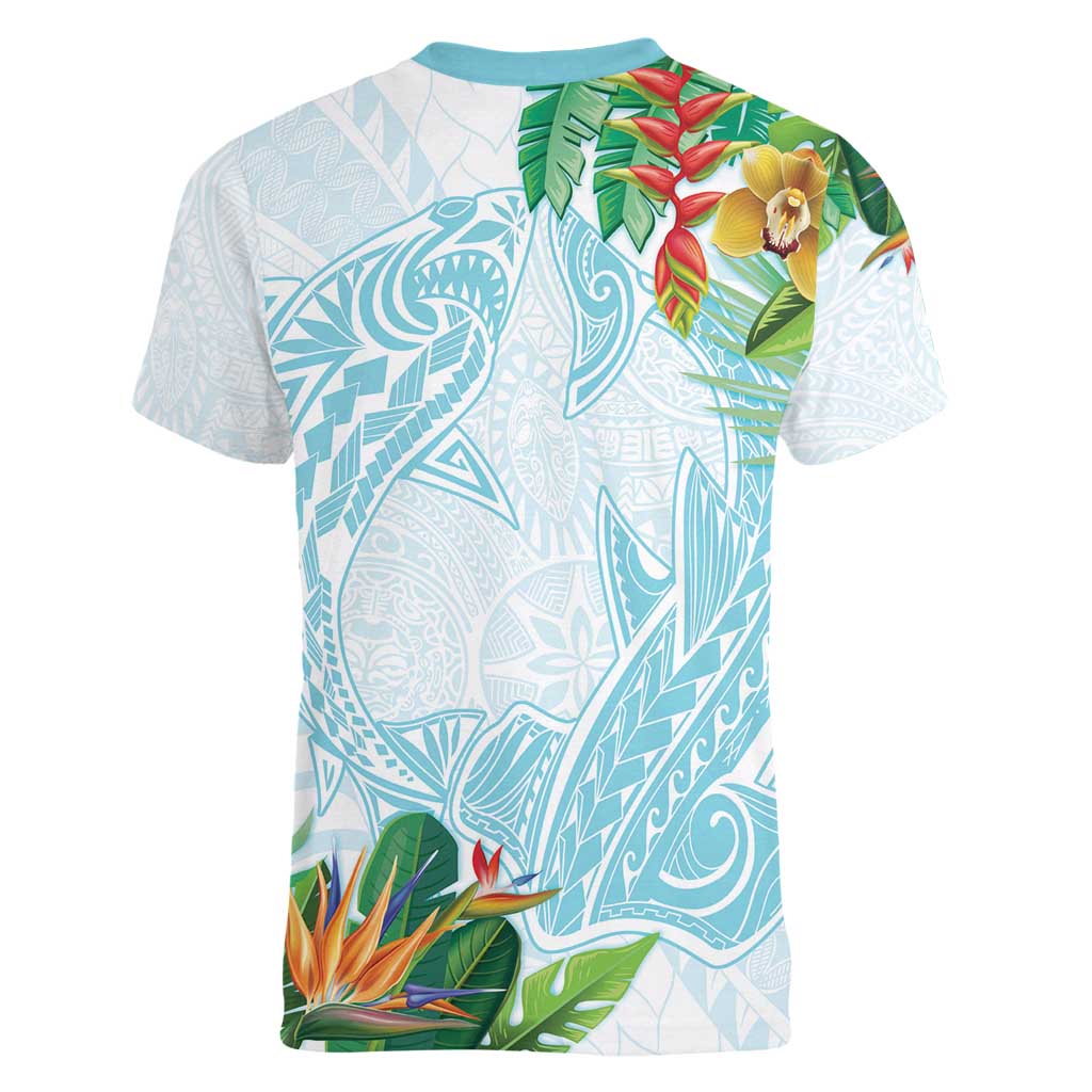 Polynesia Women V-Neck T-Shirt Sharks Duo Tropical Turquoise