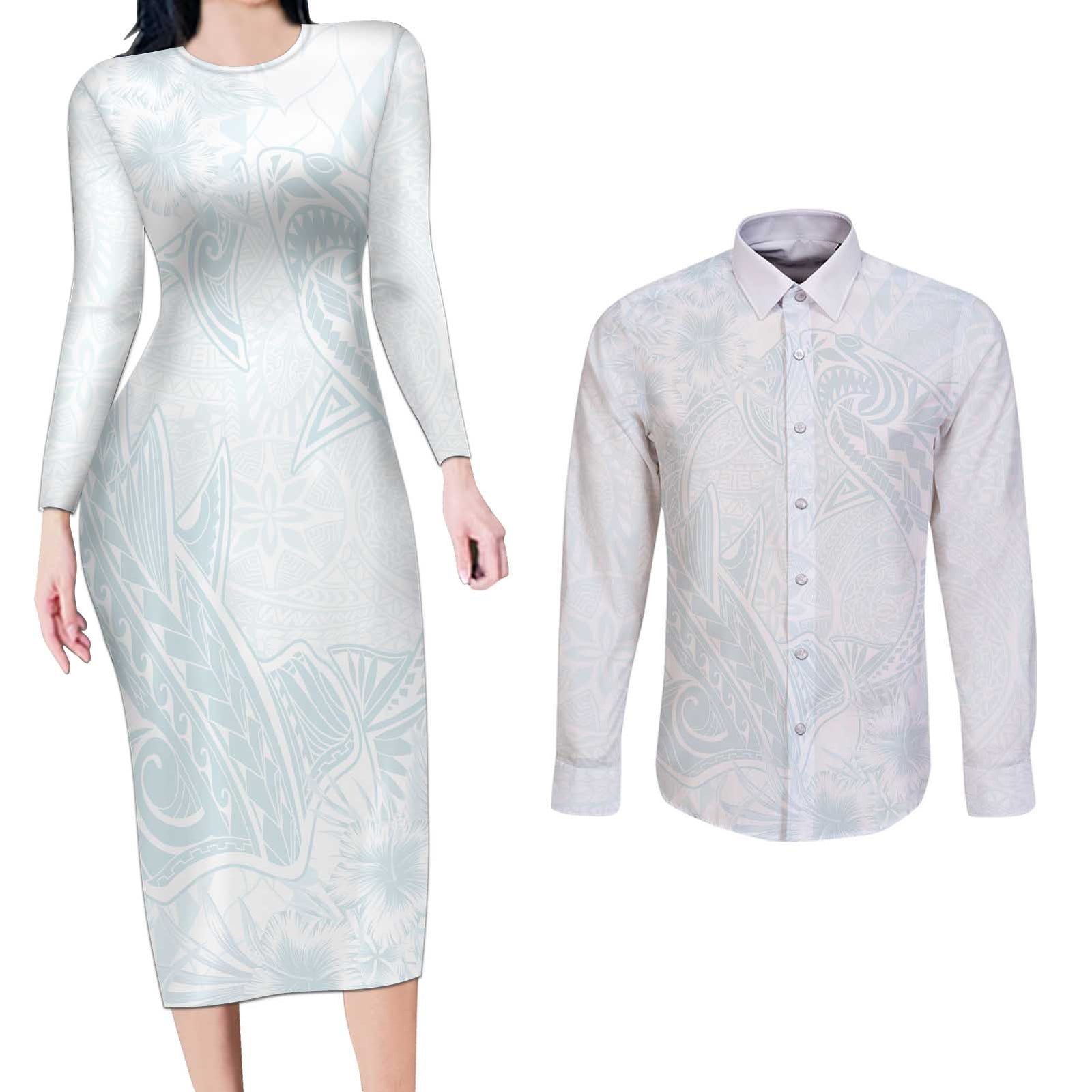 Polynesia Couples Matching Long Sleeve Bodycon Dress and Long Sleeve Button Shirt Sharks Duo Tropical Off White