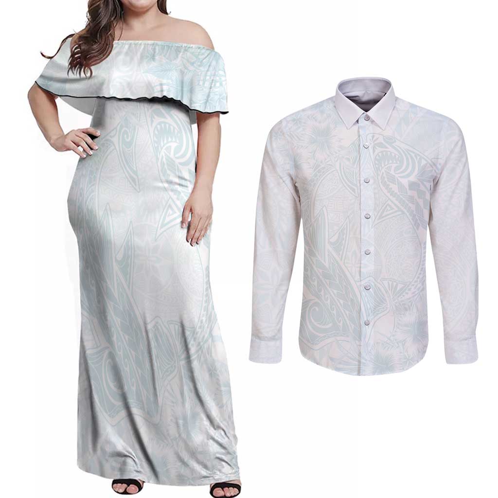 Polynesia Couples Matching Off Shoulder Maxi Dress and Long Sleeve Button Shirt Sharks Duo Tropical Off White