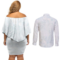 Polynesia Couples Matching Off Shoulder Short Dress and Long Sleeve Button Shirt Sharks Duo Tropical Off White