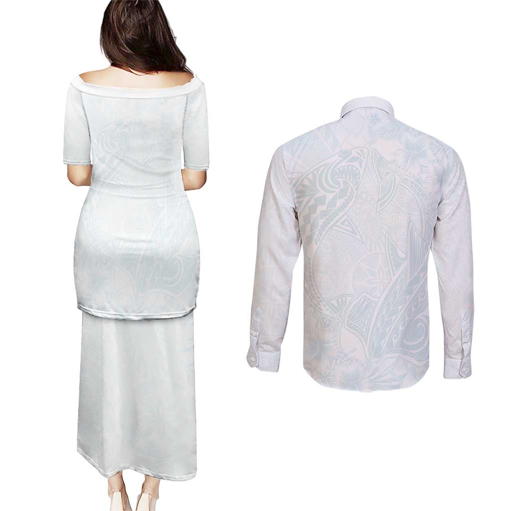 Polynesia Couples Matching Puletasi and Long Sleeve Button Shirt Sharks Duo Tropical Off White