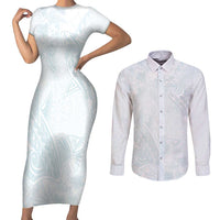Polynesia Couples Matching Short Sleeve Bodycon Dress and Long Sleeve Button Shirt Sharks Duo Tropical Off White