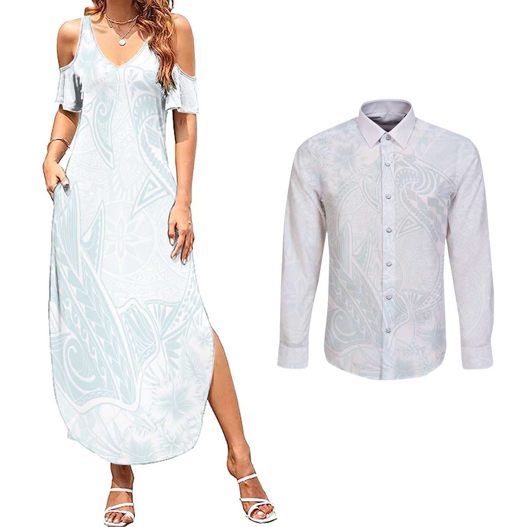 Polynesia Couples Matching Summer Maxi Dress and Long Sleeve Button Shirt Sharks Duo Tropical Off White