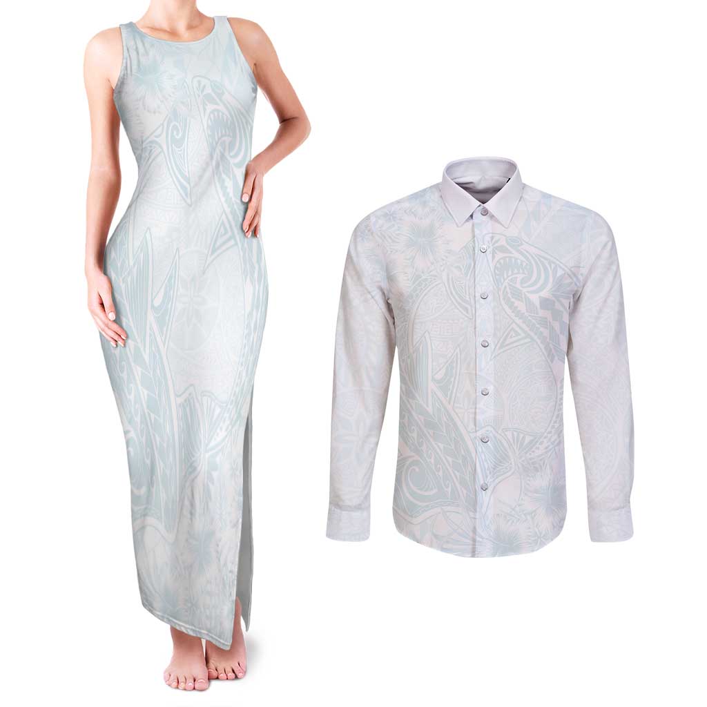 Polynesia Couples Matching Tank Maxi Dress and Long Sleeve Button Shirt Sharks Duo Tropical Off White