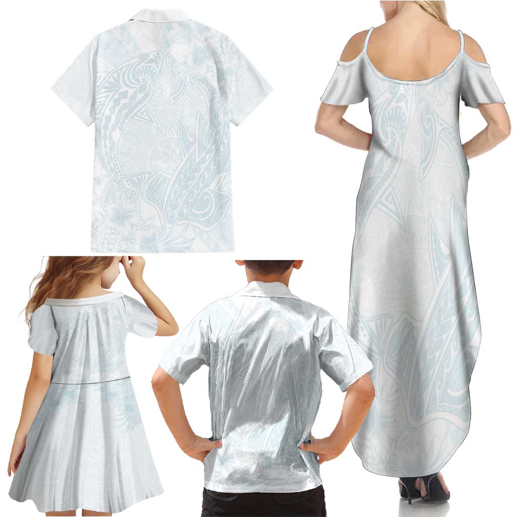 Polynesia Family Matching Summer Maxi Dress and Hawaiian Shirt Sharks Duo Tropical Off White