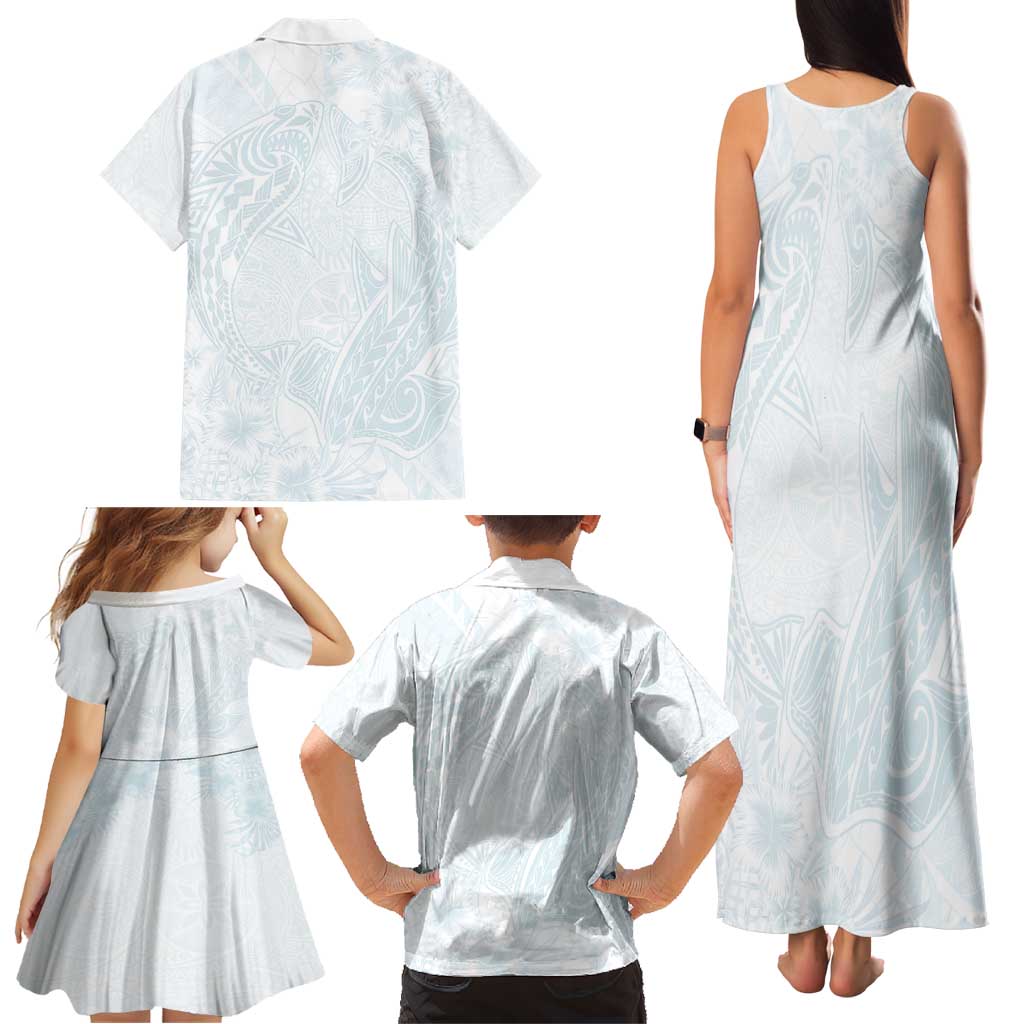 Polynesia Family Matching Tank Maxi Dress and Hawaiian Shirt Sharks Duo Tropical Off White