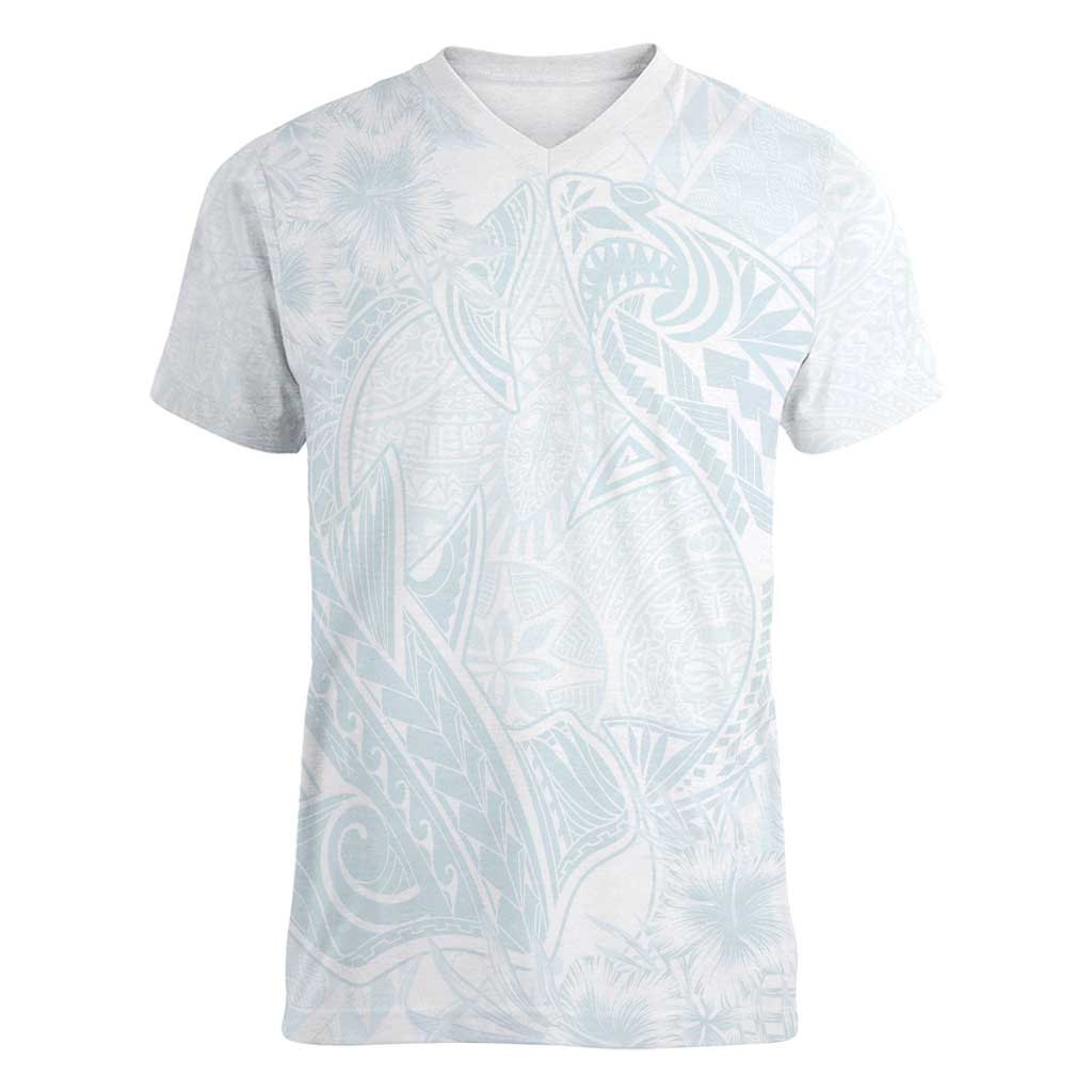 Polynesia Women V-Neck T-Shirt Sharks Duo Tropical Off White