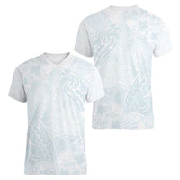 Polynesia Women V-Neck T-Shirt Sharks Duo Tropical Off White