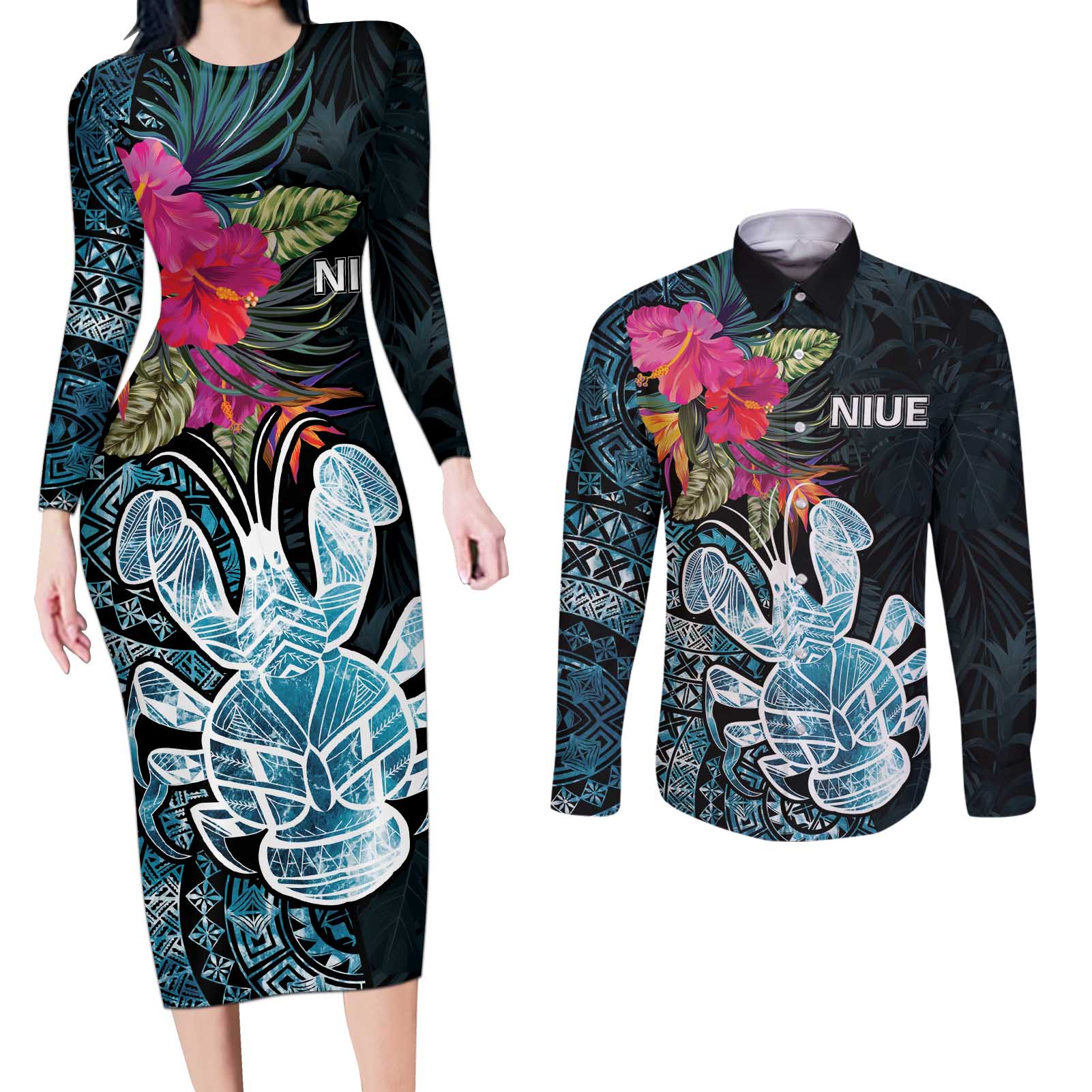 Niue Personalised Couples Matching Long Sleeve Bodycon Dress and Long Sleeve Button Shirt Hiapo Mix Coconut Crab