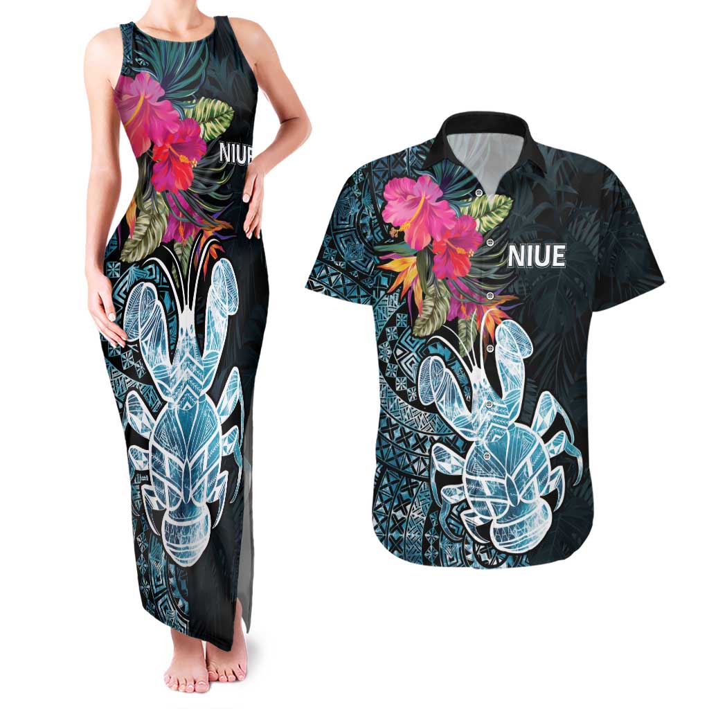 Niue Personalised Couples Matching Tank Maxi Dress and Hawaiian Shirt Hiapo Mix Coconut Crab