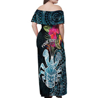Niue Personalised Family Matching Off Shoulder Maxi Dress and Hawaiian Shirt Hiapo Mix Coconut Crab