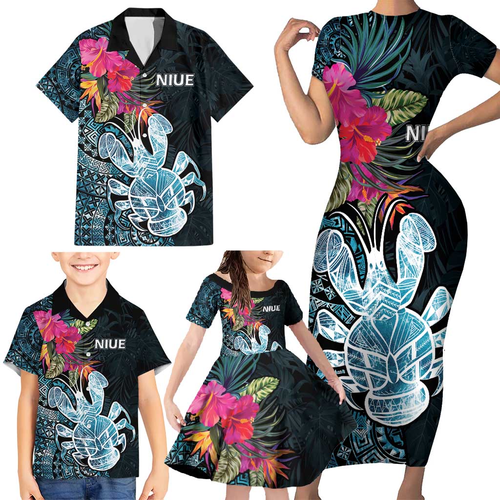 Niue Personalised Family Matching Short Sleeve Bodycon Dress and Hawaiian Shirt Hiapo Mix Coconut Crab