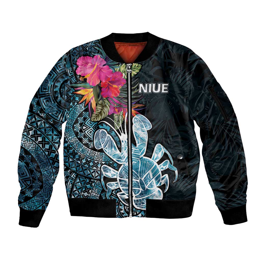 Niue Personalised Sleeve Zip Bomber Jacket Hiapo Mix Coconut Crab