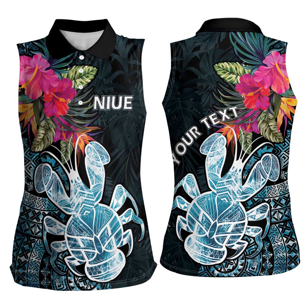 Niue Personalised Women Sleeveless Polo Shirt Hiapo Mix Coconut Crab