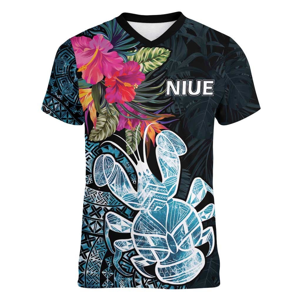 Niue Personalised Women V-Neck T-Shirt Hiapo Mix Coconut Crab