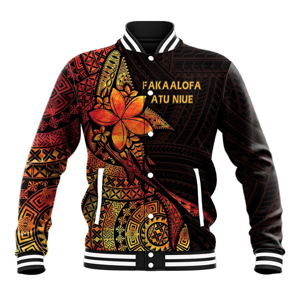 Niue Fakaalofa Atu Personalised Baseball Jacket Whale Hiapo Fiery Motif