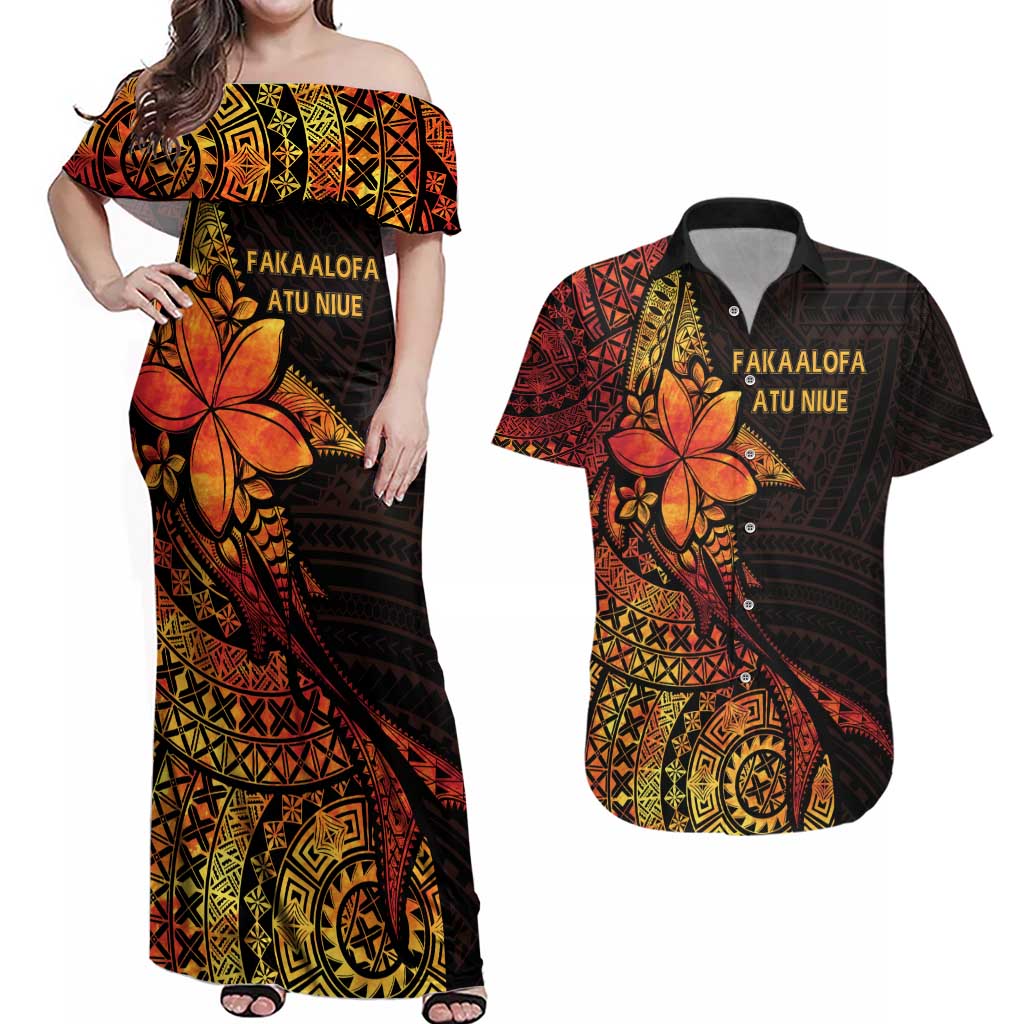 Niue Fakaalofa Atu Personalised Couples Matching Off Shoulder Maxi Dress and Hawaiian Shirt Whale Hiapo Fiery Motif