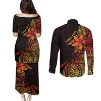 Niue Fakaalofa Atu Personalised Couples Matching Puletasi and Long Sleeve Button Shirt Whale Hiapo Fiery Motif