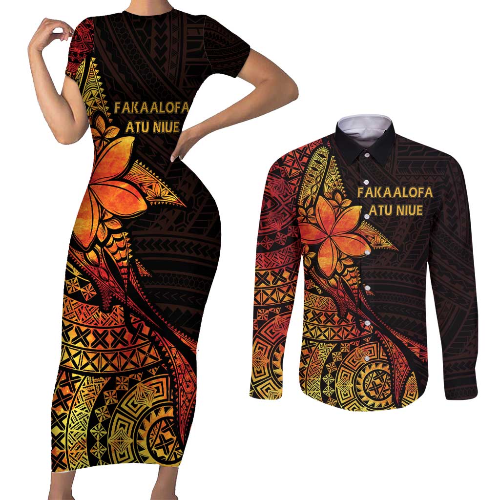 Niue Fakaalofa Atu Personalised Couples Matching Short Sleeve Bodycon Dress and Long Sleeve Button Shirt Whale Hiapo Fiery Motif