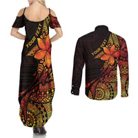 Niue Fakaalofa Atu Personalised Couples Matching Summer Maxi Dress and Long Sleeve Button Shirt Whale Hiapo Fiery Motif