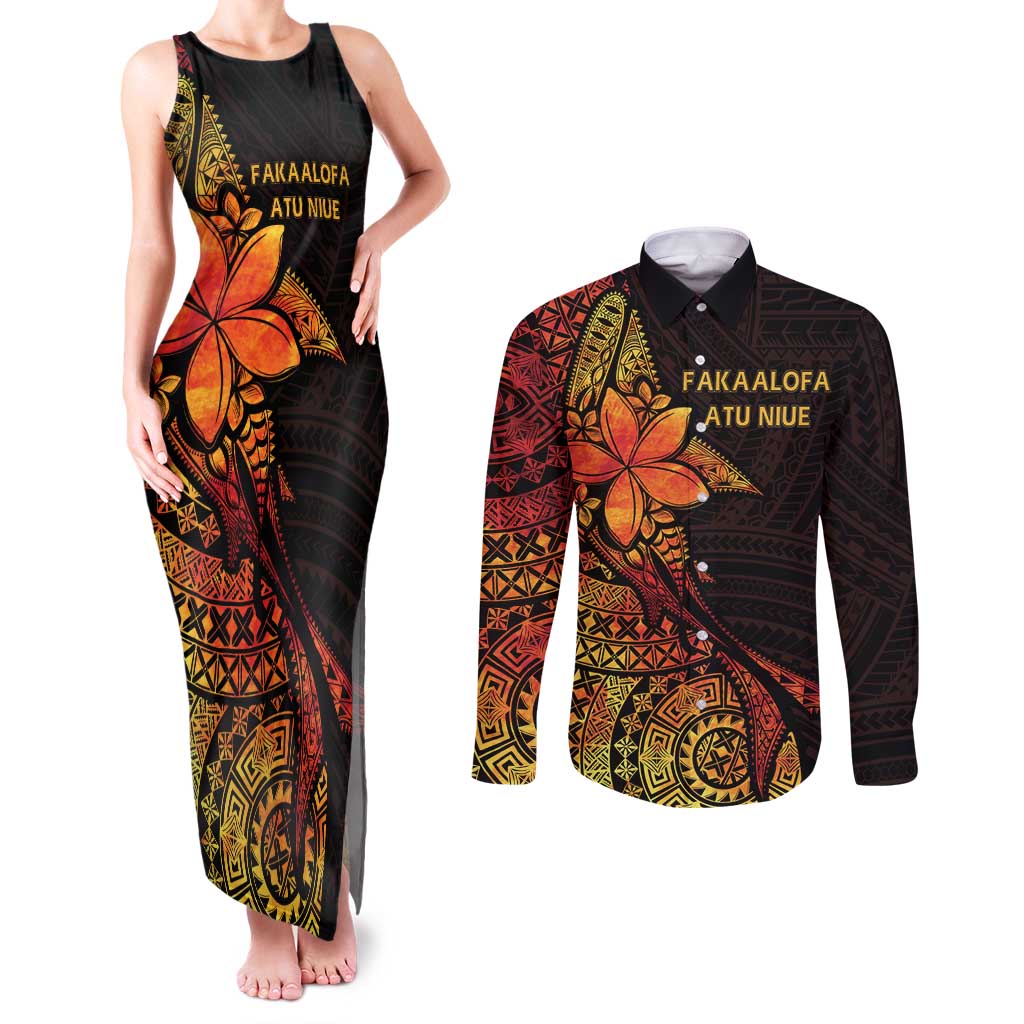 Niue Fakaalofa Atu Personalised Couples Matching Tank Maxi Dress and Long Sleeve Button Shirt Whale Hiapo Fiery Motif