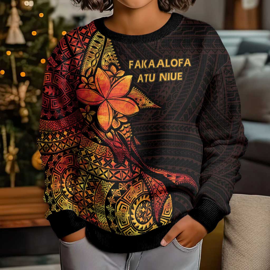 Niue Fakaalofa Atu Kid Ugly Christmas Sweater Whale Hiapo Fiery Motif