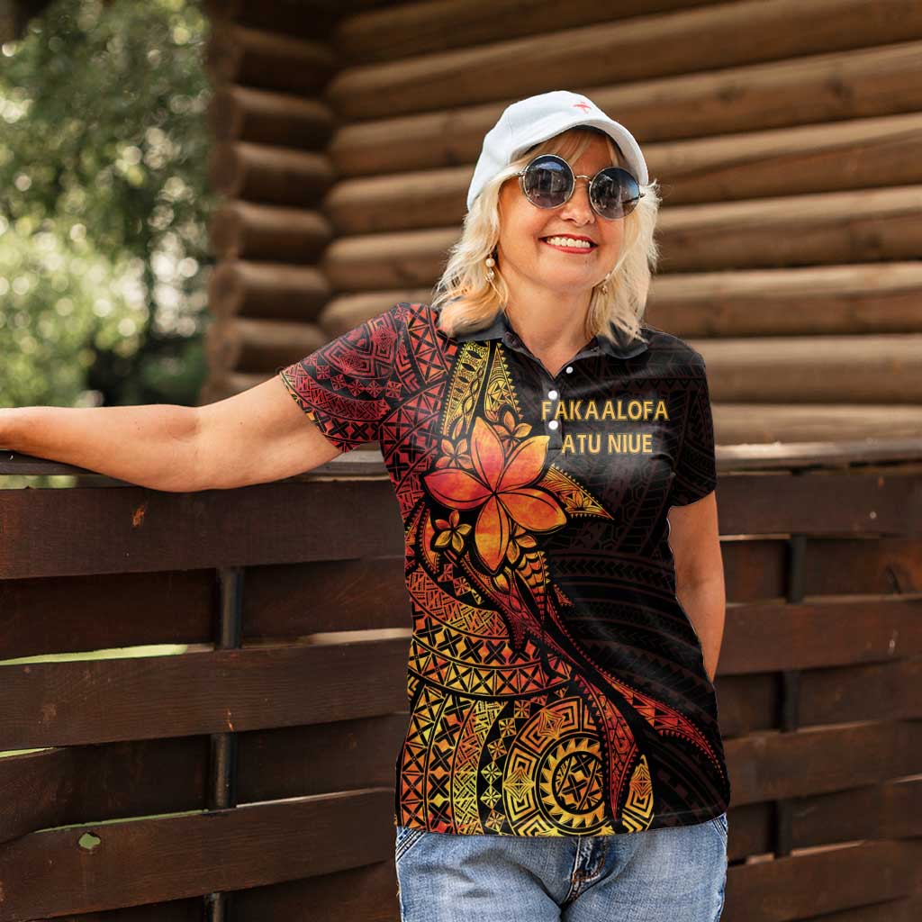 Niue Fakaalofa Atu Personalised Women Polo Shirt Whale Hiapo Fiery Motif