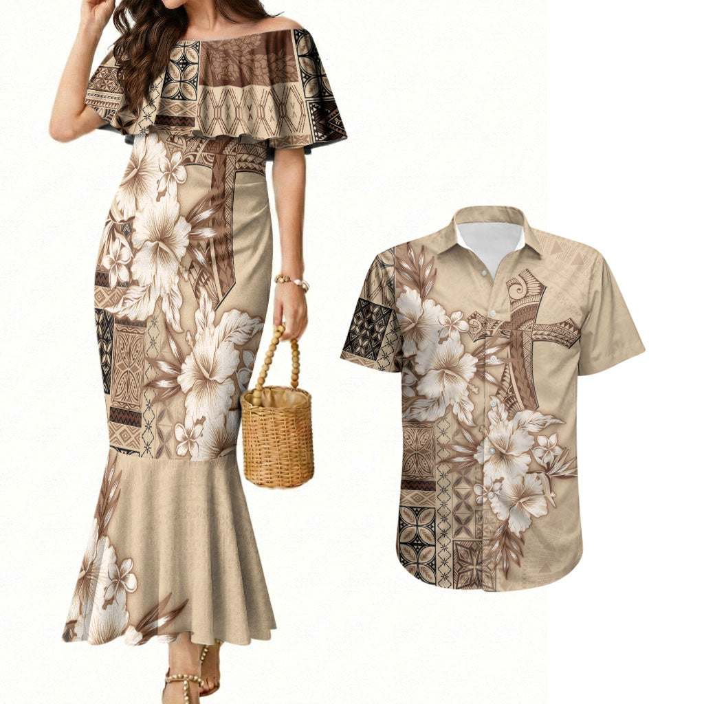 Samoa AIGA Mamanu Siapo Malu Motifs Couples Matching Mermaid Dress and Hawaiian Shirt