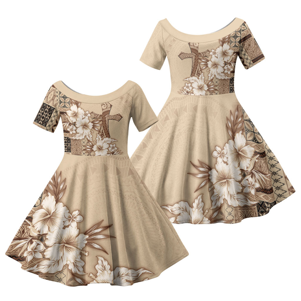 Samoa AIGA Mamanu Siapo Malu Motifs Family Matching Off The Shoulder Long Sleeve Dress and Hawaiian Shirt