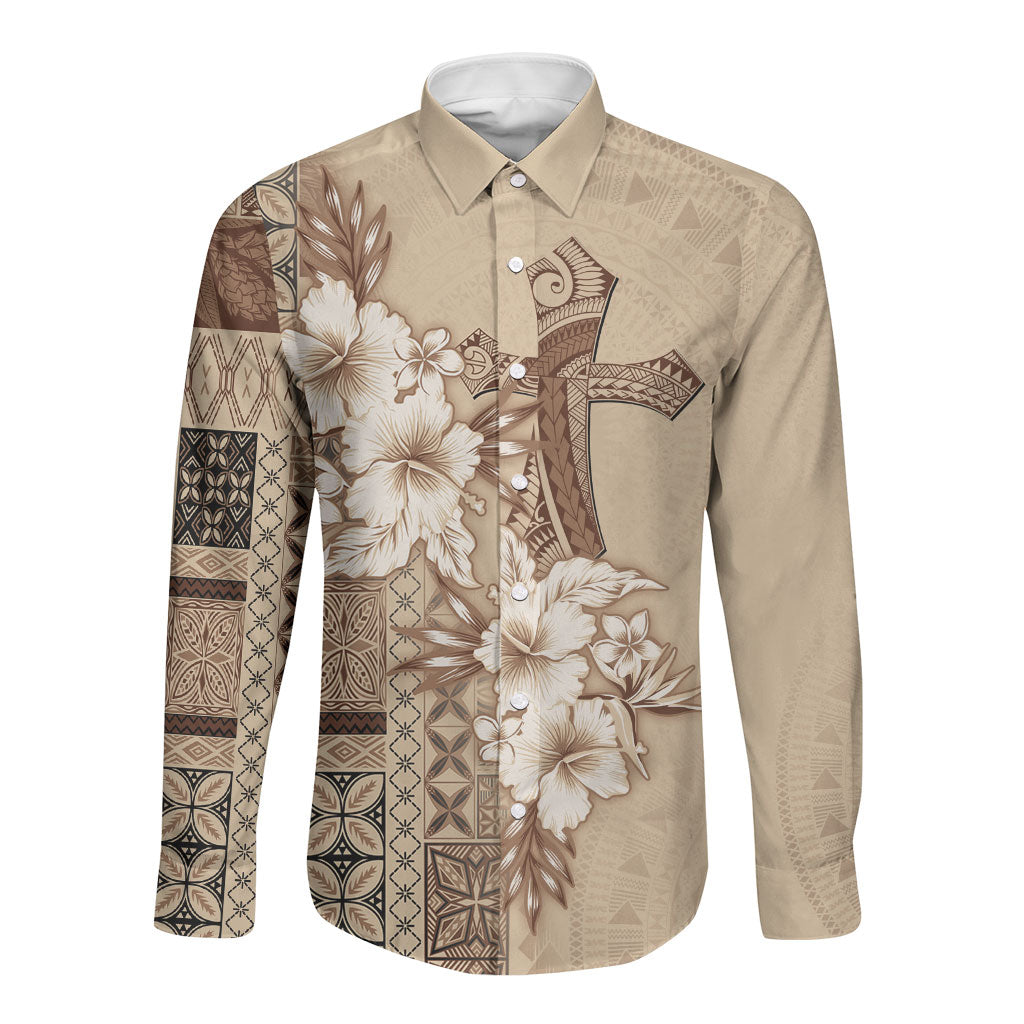 Samoa AIGA Mamanu Siapo Malu Motifs Long Sleeve Button Shirt LT7 Unisex Beige - Polynesian Pride