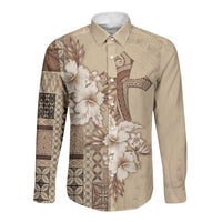 Samoa AIGA Mamanu Siapo Malu Motifs Long Sleeve Button Shirt LT7 Unisex Beige - Polynesian Pride