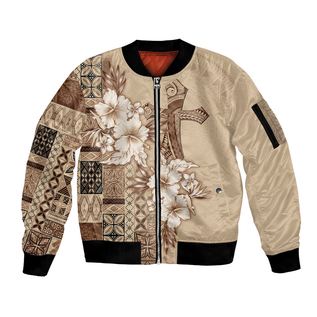 Samoa AIGA Mamanu Siapo Malu Motifs Sleeve Zip Bomber Jacket LT7 Unisex Beige - Polynesian Pride