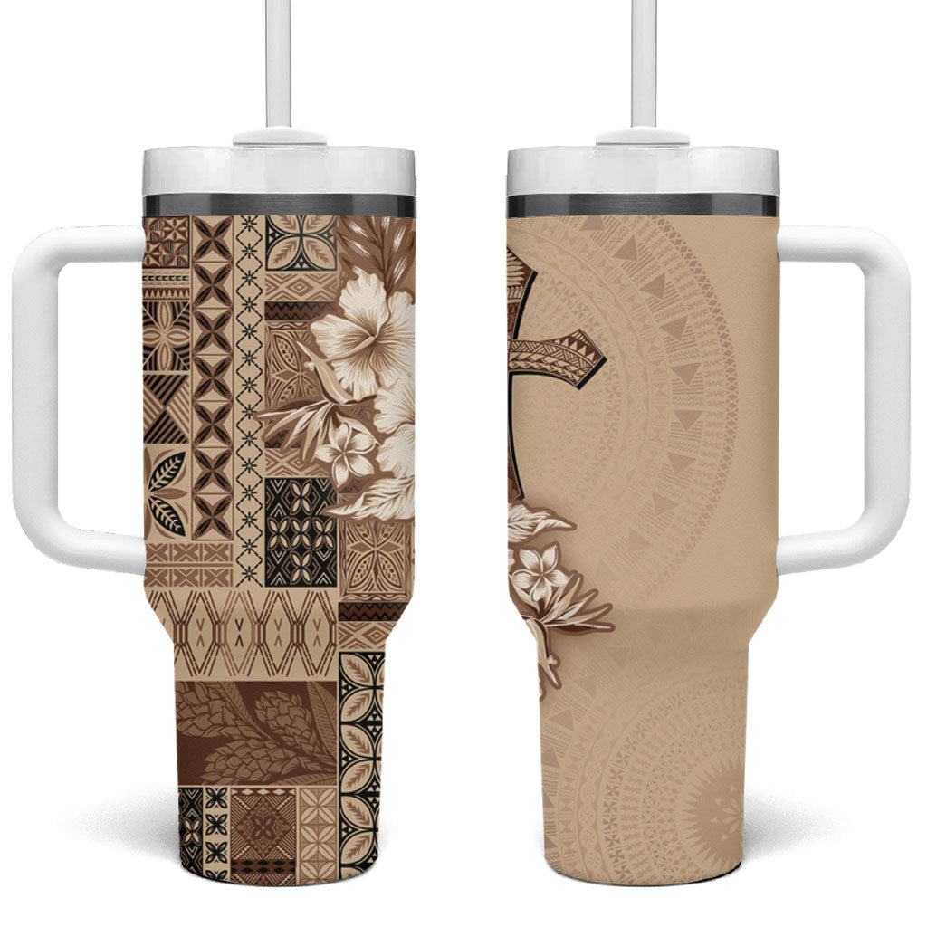 Samoa AIGA Mamanu Siapo Malu Motifs Tumbler With Handle LT7 One Size: 40 oz Beige - Polynesian Pride