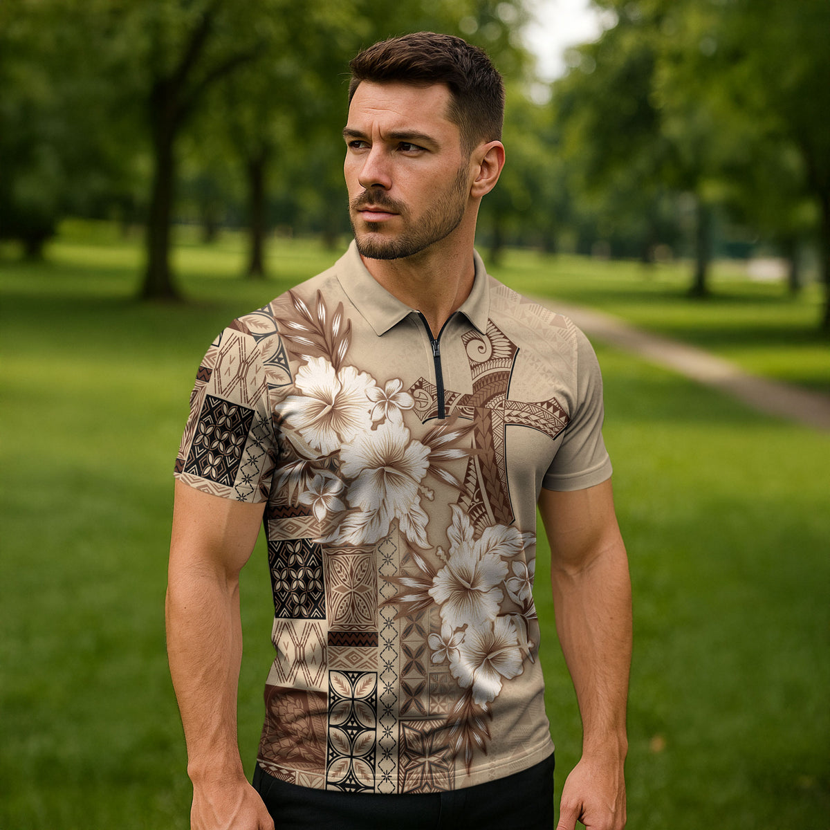 Samoa AIGA Mamanu Siapo Malu Motifs Zipper Polo Shirt