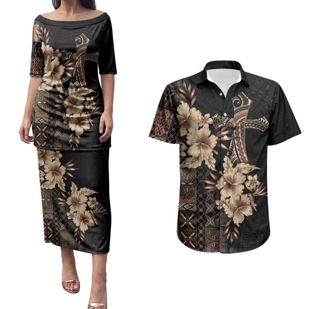 Samoa AIGA Mamanu Siapo Malu Motifs Couples Matching Puletasi and Hawaiian Shirt Black Ver