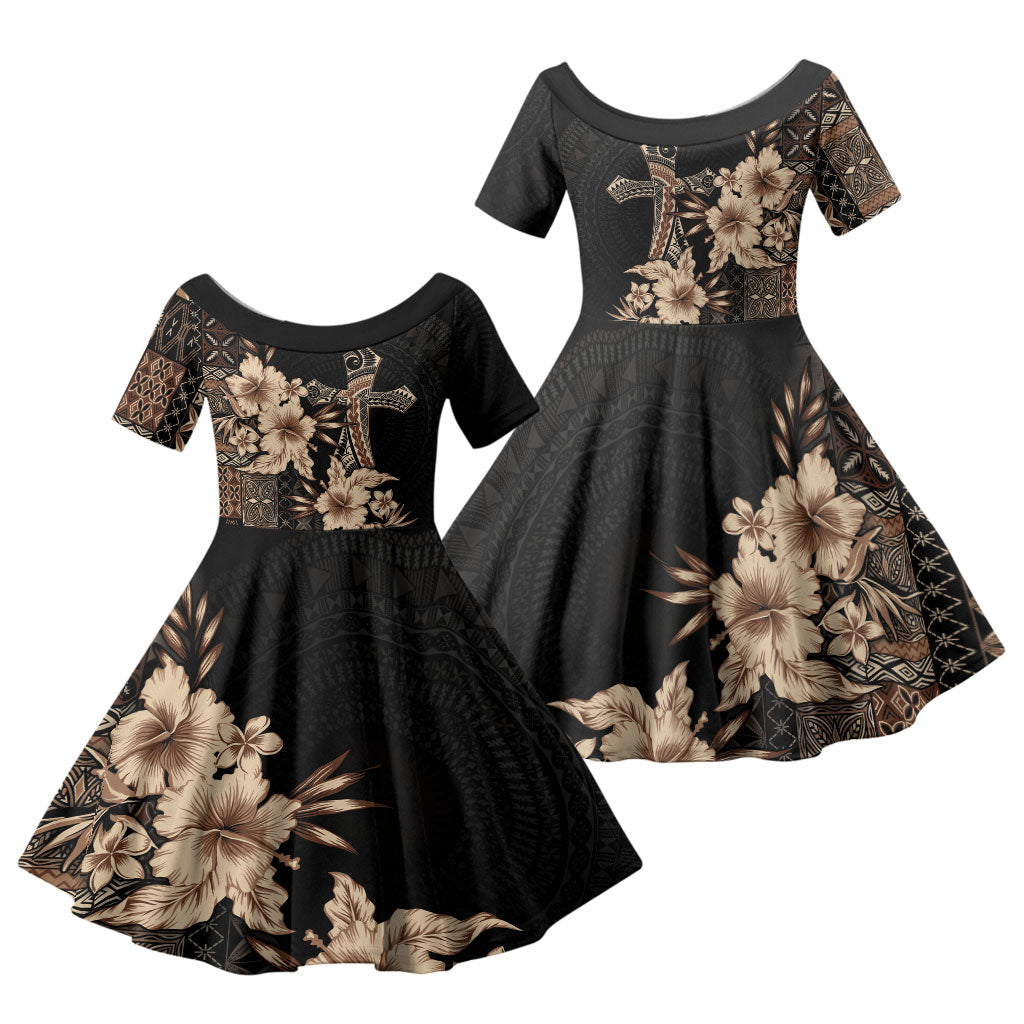 Samoa AIGA Mamanu Siapo Malu Motifs Family Matching Tank Maxi Dress and Hawaiian Shirt Black Ver