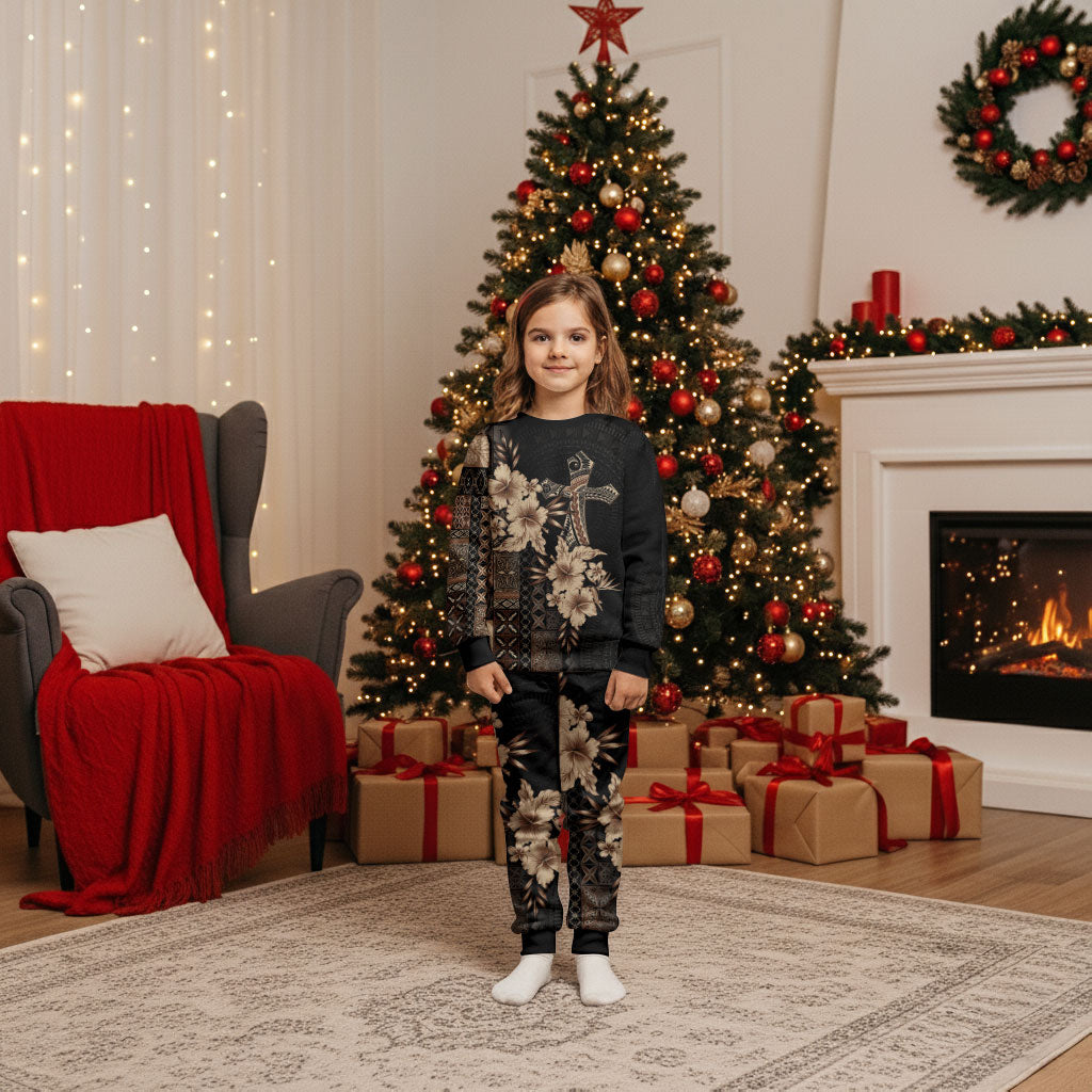 Samoa AIGA Mamanu Siapo Malu Motifs Christmas Pajama Set Black Ver LT7 Kid Black - Polynesian Pride