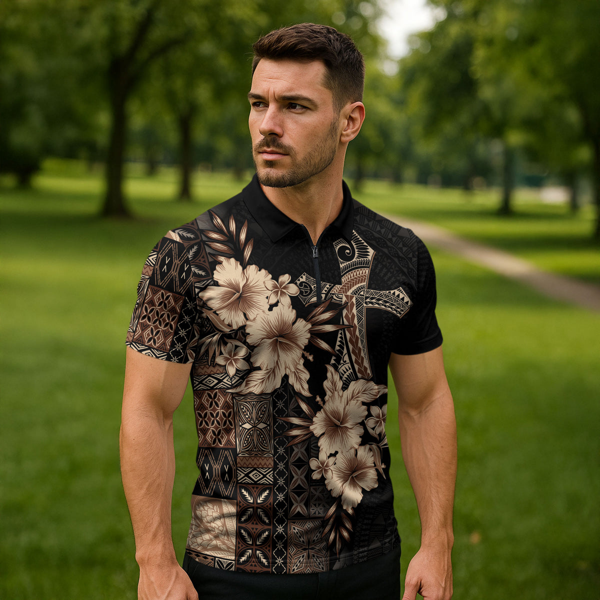 Samoa AIGA Mamanu Siapo Malu Motifs Zipper Polo Shirt Black Ver