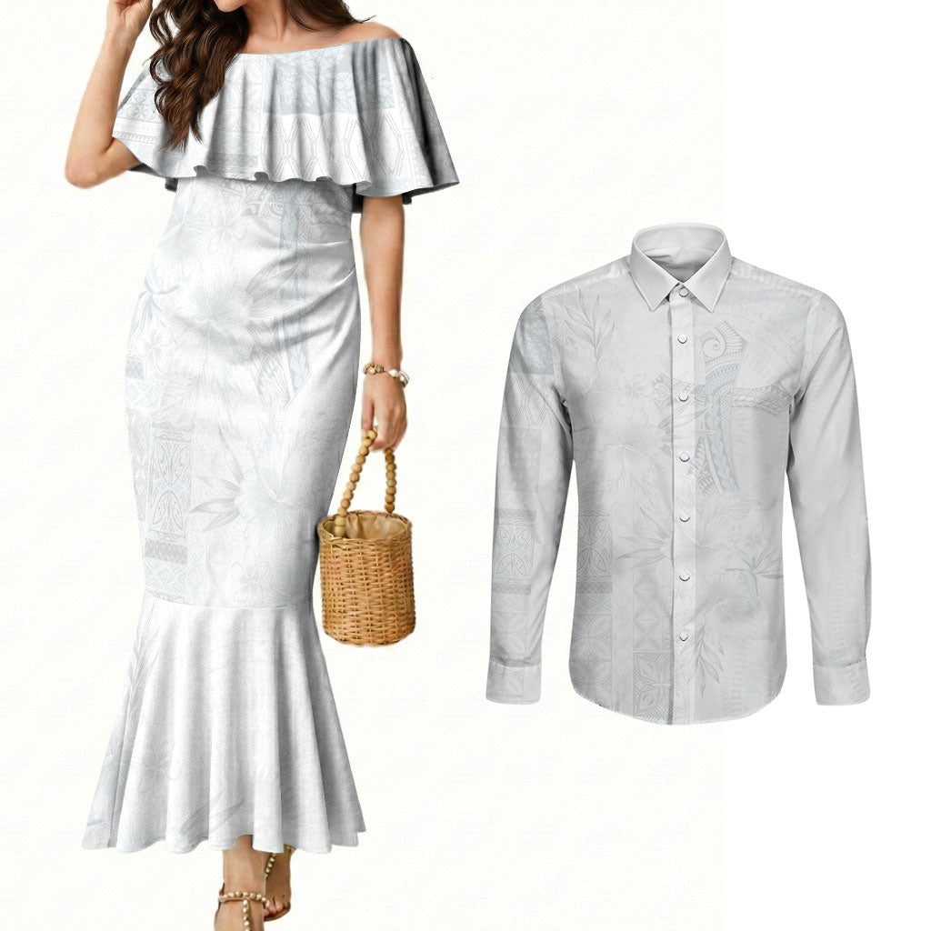 Samoa AIGA Mamanu Siapo Malu Motifs Couples Matching Mermaid Dress and Long Sleeve Button Shirt Lotu a Tamaiti White Ver