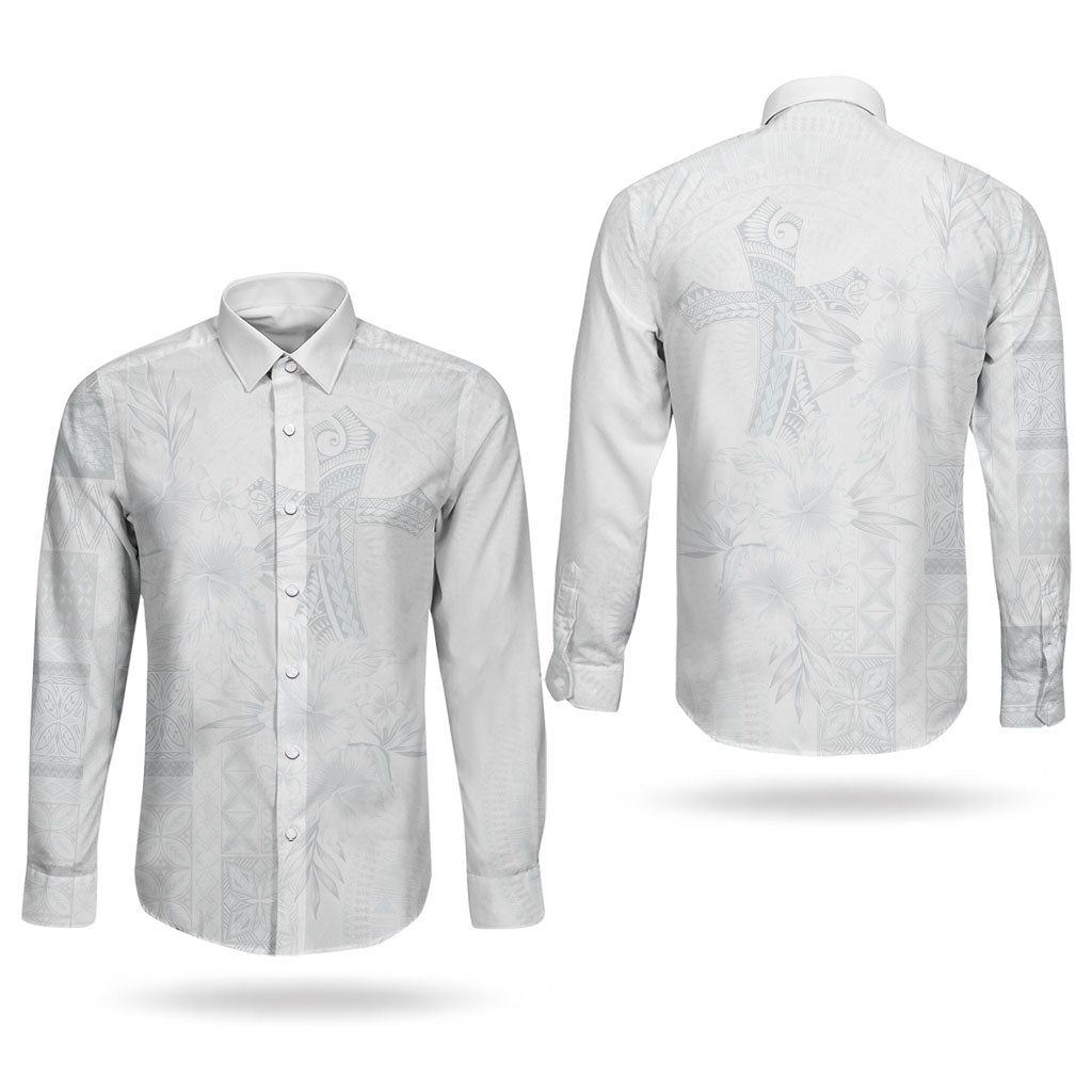 Samoa AIGA Mamanu Siapo Malu Motifs Couples Matching Mermaid Dress and Long Sleeve Button Shirt Lotu a Tamaiti White Ver