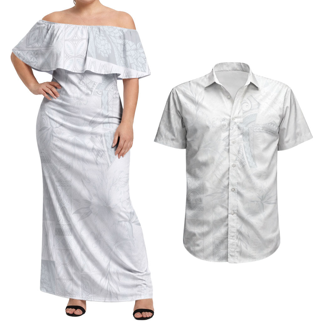 Samoa AIGA Mamanu Siapo Malu Motifs Couples Matching Off Shoulder Maxi Dress and Hawaiian Shirt Lotu a Tamaiti White Ver