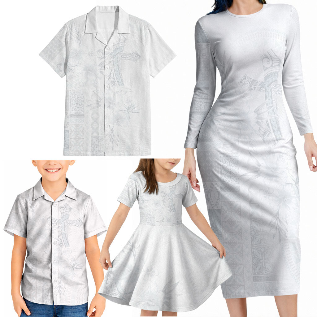 Samoa AIGA Mamanu Siapo Malu Motifs Family Matching Long Sleeve Bodycon Dress and Hawaiian Shirt Lotu a Tamaiti White Ver