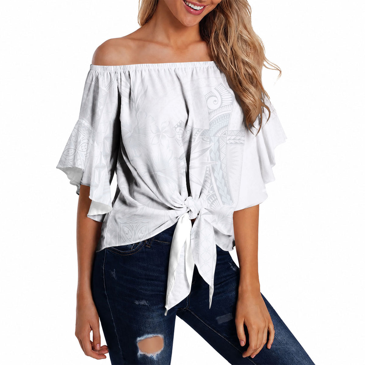 Samoa AIGA Mamanu Siapo Malu Motifs Off Shoulder Wrap Waist Top Lotu a Tamaiti White Ver