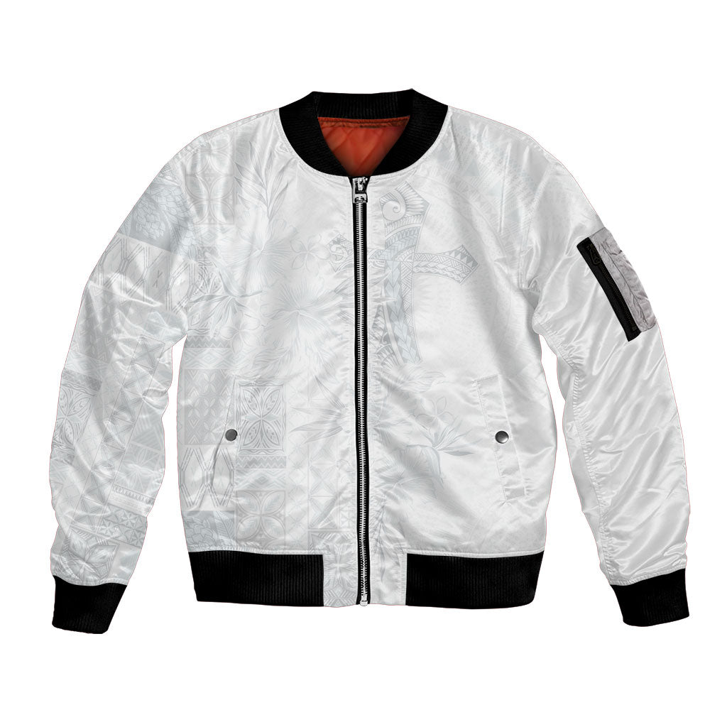 Samoa AIGA Mamanu Siapo Malu Motifs Sleeve Zip Bomber Jacket Lotu a Tamaiti White Ver LT7 Unisex White - Polynesian Pride