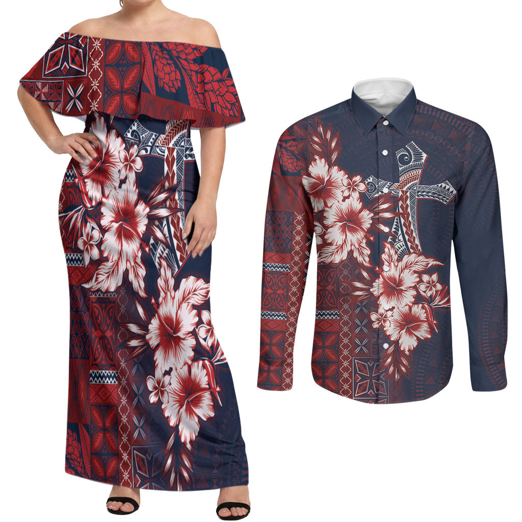 Samoa AIGA Mamanu Siapo Malu Motifs Couples Matching Off Shoulder Maxi Dress and Long Sleeve Button Shirt Flag Color
