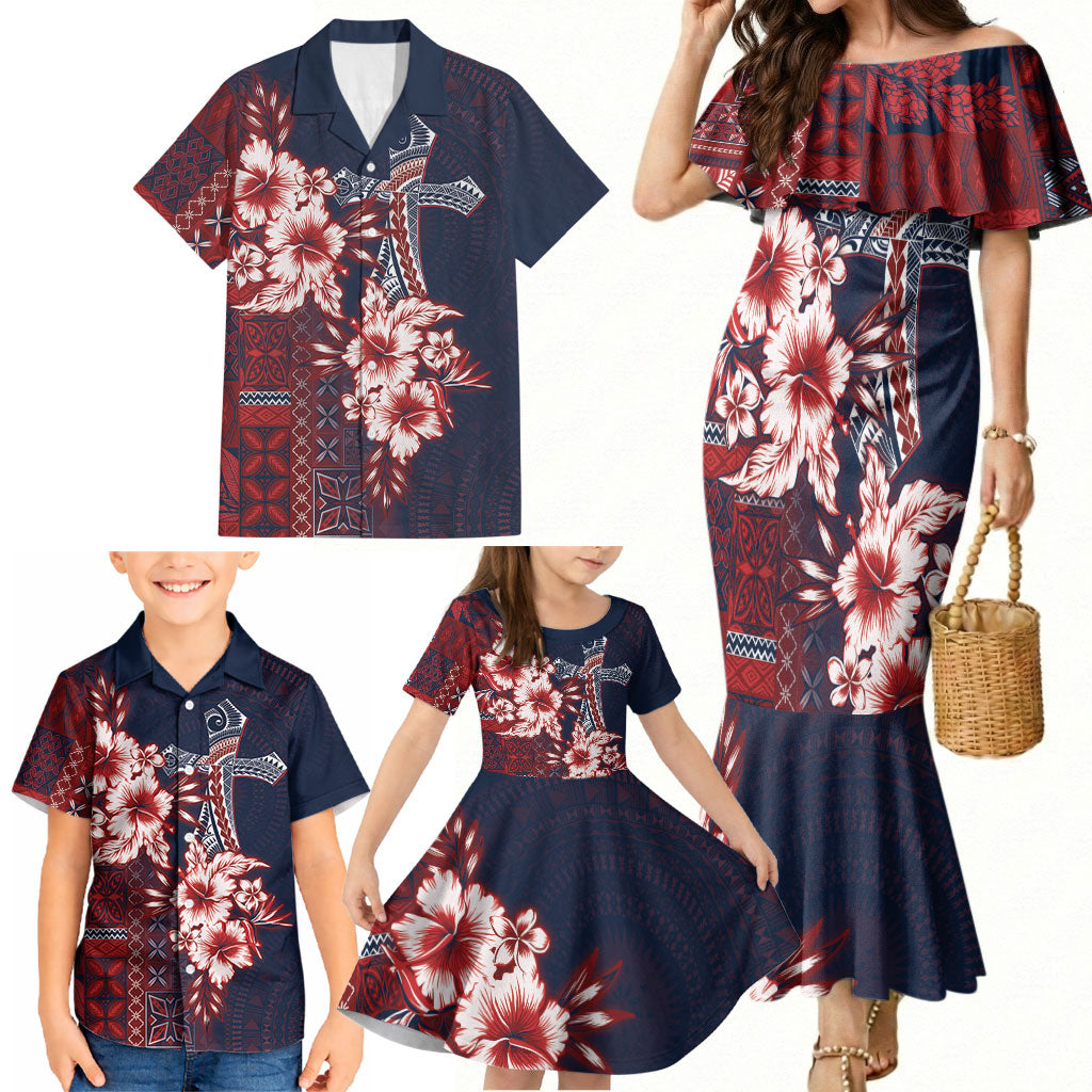 Samoa AIGA Mamanu Siapo Malu Motifs Family Matching Mermaid Dress and Hawaiian Shirt Flag Color