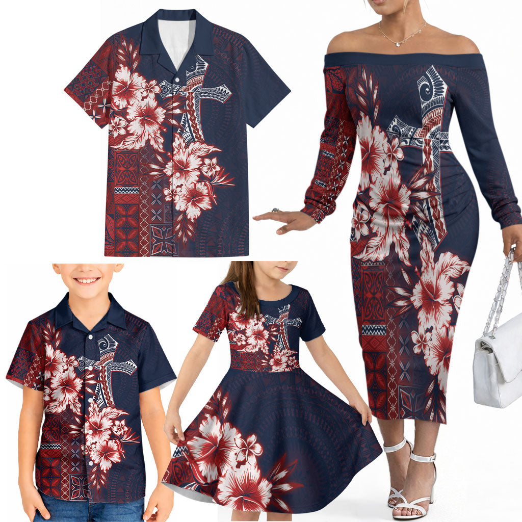 Samoa AIGA Mamanu Siapo Malu Motifs Family Matching Off The Shoulder Long Sleeve Dress and Hawaiian Shirt Flag Color