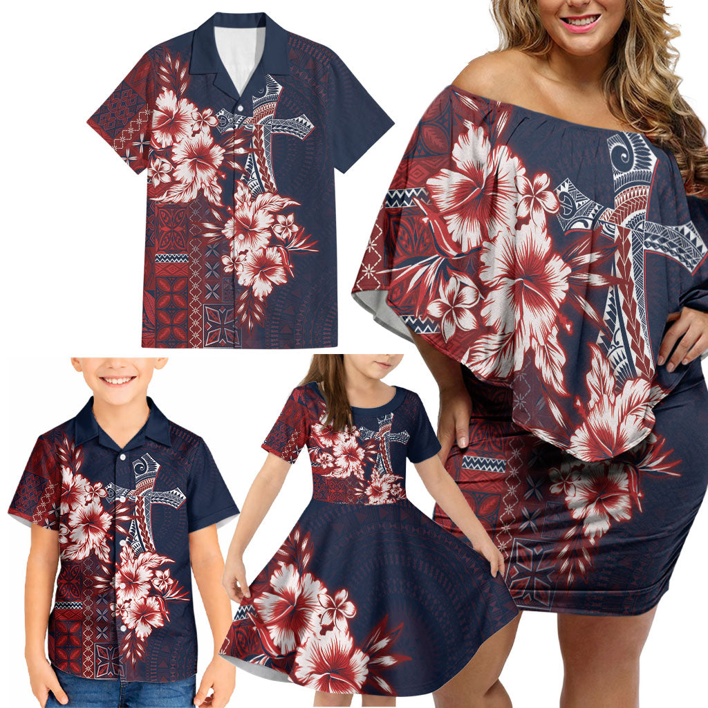 Samoa AIGA Mamanu Siapo Malu Motifs Family Matching Off Shoulder Short Dress and Hawaiian Shirt Flag Color
