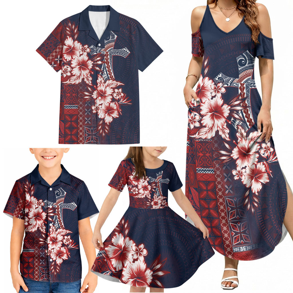 Samoa AIGA Mamanu Siapo Malu Motifs Family Matching Summer Maxi Dress and Hawaiian Shirt Flag Color